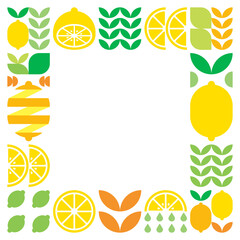 Minimalist flat vector frame, lemon fruit icon symbol. Simple geometric illustration of citrus, oranges, lemonade and leaves. Abstract design on black background. For copy space, social media posts.