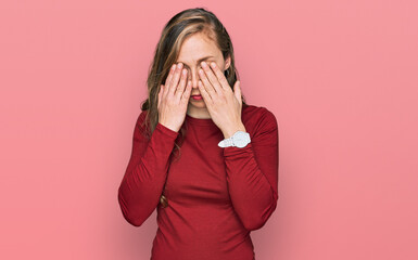 Young blonde woman wearing casual clothes rubbing eyes for fatigue and headache, sleepy and tired expression. vision problem