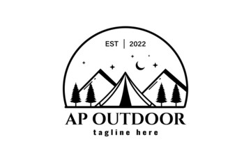 camping logos consisting of mountains, camp and trees line style isolated for explore emblem