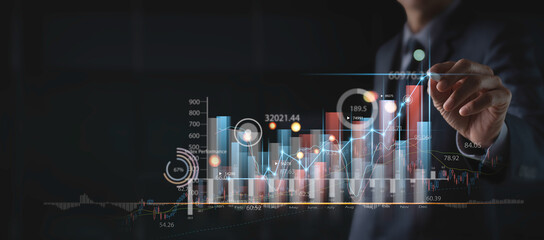 Businessman analyzing sales data, market report with economic growth chart, financial graph,...