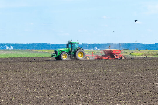 Ukraine, Khmelnytsky region, September 2021. A tractor with a seeder in a field sows a grain of winter wheat