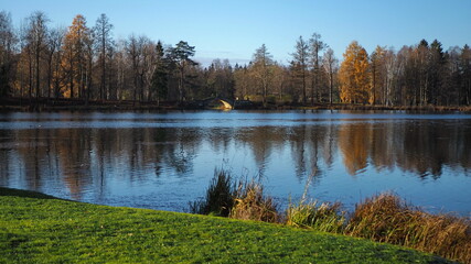 Historical monument. Autumn park, lakes and trees. State Museum-Reserve Gatchina. Leningrad region, Russia.