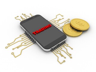 3d illustration Dollar gold Coin with mobile phone
