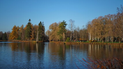 Historical monument. Autumn park, lakes and trees. State Museum-Reserve Gatchina. Leningrad region, Russia.