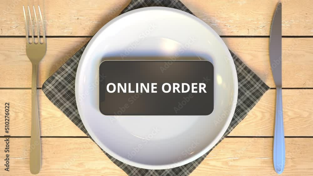 Poster online order text on the screen of smartphone on the plate. food related it related 3d animation