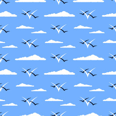 Clouds and gulls vector seamless pattern. Minimalist marine ornament in white and dark blue colors on blue background. Best for textile, print, wrapping paper, package and home decoration.