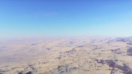 Mars like red planet, with arid landscape, rocky hills and mountains, for space exploration and science fiction backgrounds.
