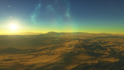 Mars like red planet, with arid landscape, rocky hills and mountains, for space exploration and science fiction backgrounds.
