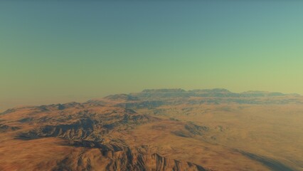 Mars like red planet, with arid landscape, rocky hills and mountains, for space exploration and science fiction backgrounds.
