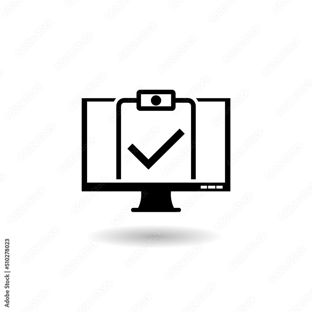 Poster online survey check list form on computer logo with shadow
