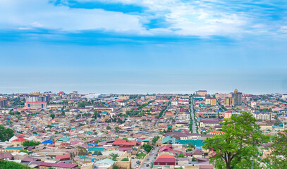 top view of the historical quarters magals and the Caspian Sea in the distance from the wall of the citadel to the city of Derbent