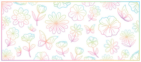 beautiful hand drawn flowers and butterfly graphic outline vector in sweet gradient color theme