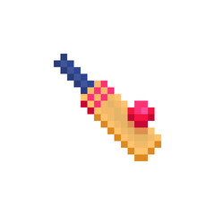 Fototapeta premium Cricket Bat and Ball pixel art icon. Sport equipment. Game assets. Icon for websites, web design, mobile app. 8-bit sprite. Isolated vector illustration. 