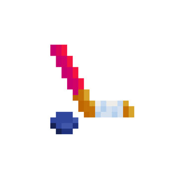 Hockey stick with puck pixel art icon. Ice hockey equipment. Game assets. Icon for websites, web design, mobile app. 8-bit sprite. Isolated vector illustration. 