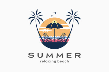 Summer logo, simple outdoor logo illustration in pastel colors. Coconut tree icon, beach chairs and umbrella in sunset