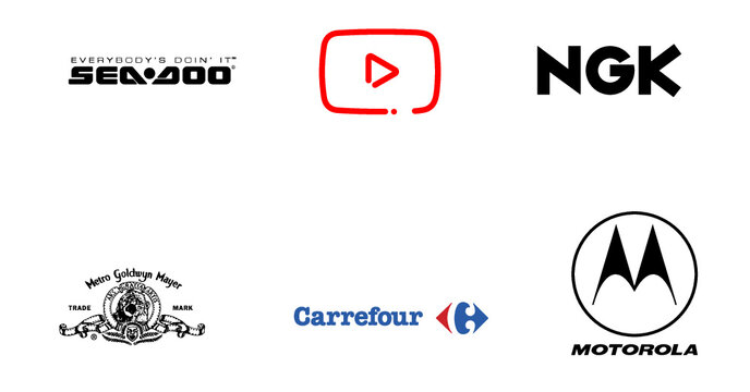 NGK logo, YouTube Minimal Icon logo, Metro Goldwyn Mayer logo,  Motorola logo, Sea Doo  logo,   Carrefour logo, printed on white paper, editorial vector illustration.
