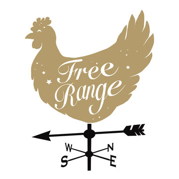 A Chicken Weather Vane (not A Rooster) , With ‘Free Range’ Written On A Hens Body. Promoting Free Range Chicken, Animal Welfare And Their Outdoor Freedom To Roam. Label For Free Range Chicken.