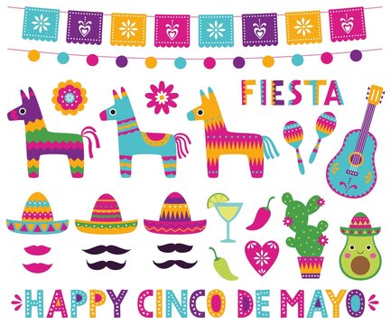 Cinco de Mayo celebration symbols, colorful vector collection 