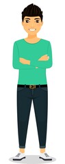 A young man stands on a white background with his hands folded. Emotions, gestures, character. Flat style. Cartoon