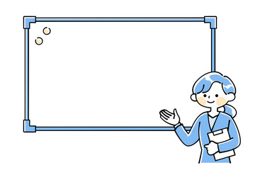 ホワイトボード前で案内するビジネスマンの女性