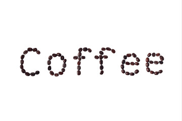 CAFFEINE letters arranged with coffee beans on a white background with space for your text.