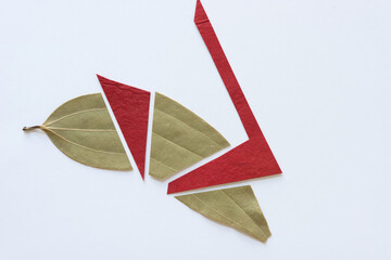 dried bay leaf cut into three pieces and two pieces of red paper arranged on a light background
