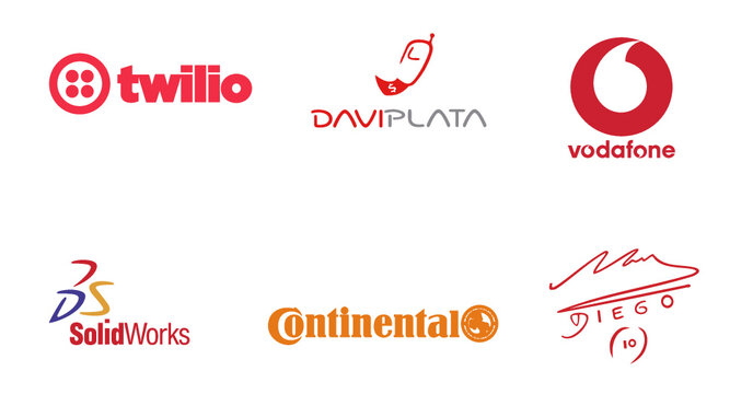 SolidWorks  logo, Vodafone logo, Daviplata logo, Twilio logo, Diego Maradona logo, Continental logo, printed on white paper, editorial vector illustration.