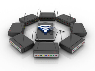 3d rendering Transmitter mobile WiFi around modem