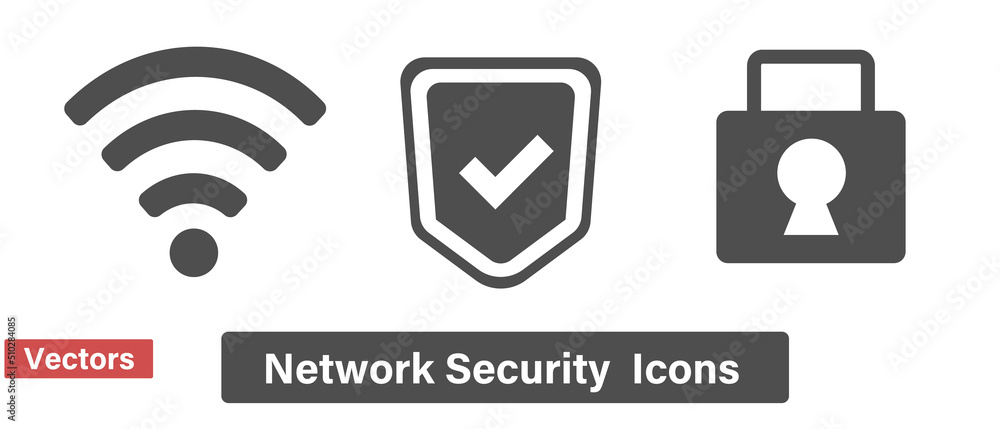 Poster icon set of shield and padlock with wi-fi and check mark. vector.
