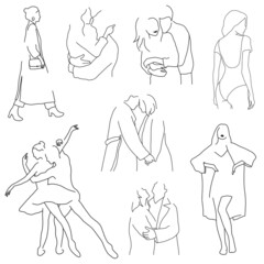 Set of vector line people in black and white