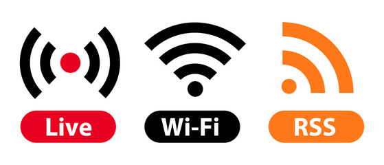 Icon set for Live, Wi-Fi and RSS. Vector.