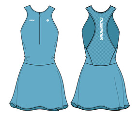 Women Sleeveless tennis dress sports top jersey design flat sketch fashion Illustration suitable for girls and Ladies, mini dress for tennis, netball, badminton sport kit