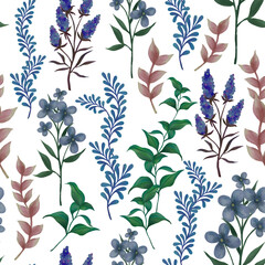 Watercolor foliage willd field meadow lavender and green leaf hand drawn floral illustration seamless pattern repeat background