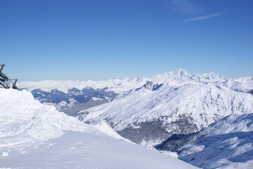 Fototapeta na wymiar Beautiful view of the snowy French Alps, Les Menuires, France