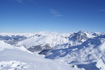 Beautiful view of the snowy French Alps, Les Menuires, France