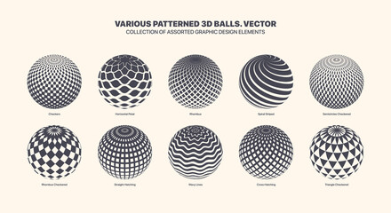 Assorted Different Vector Abstract Patterned 3D Balls Set Isolated On White Background. Black White Graphic Variety Three Dimensional Spheres With Various Patterns Geometric Design Elements Collection