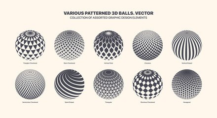 Assorted Various Vector Abstract Patterned 3D Balls Set Isolate On White Background. Black White Graphic Variety Three Dimensional Spheres With Different Patterns Elliptical Design Elements Collection