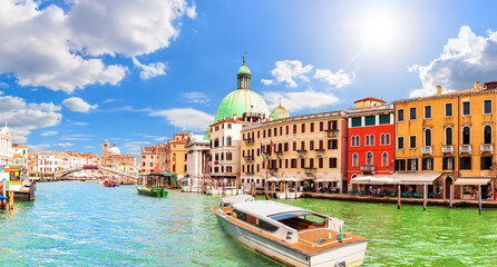 Boats and yachts by the San Simeone Piccolo church, Grand Canal, Venice, Italy © AlexAnton