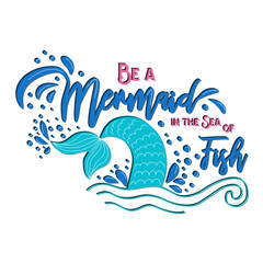 Mermaid card with hand drawn sea elements and lettering. Calligraphy summer quote with seashells, hearts and pearls. Summer print