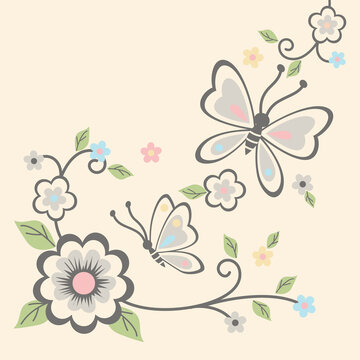 Cute butterflies with colorful flowers vector illustration