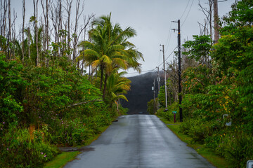 Lava flow of the Fissure 8 covering a road in the Leilani Estates near Hilo in the southeast of Big Island, Hawaii, USA