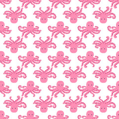 Seamless pattern with cute octopus, seaweed and pearl. Trendy nursery background