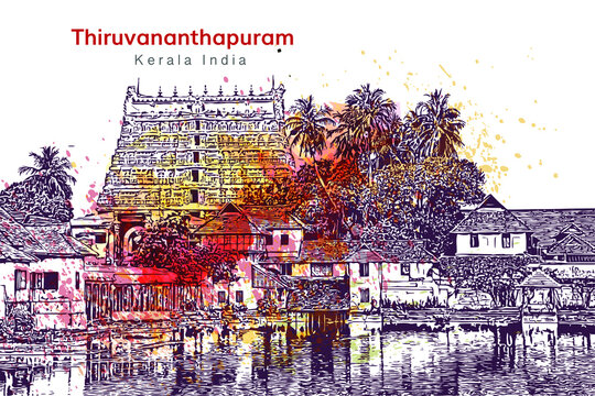 Kerala vector Thiruvananthapuram Padmanabhapuram Temple vector hand drawing illustration art