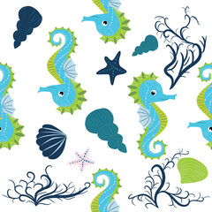 Cute seahorses cartoon seamless pattern. Hand drawn ocean animals. Nautical beach, Sea life fun underwater