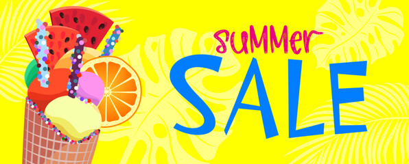 Fototapeta na wymiar Bright summer promotion banner. Summer sale. Ice cream with fruits on a yellow background. Seasonal discount design. Vector illustration