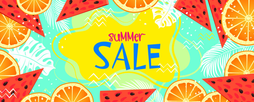 Summer sale banner template. Summer abstract geometric background with orange and watermelon slices. Tropical background. Seasonal discount design. Vector illustration