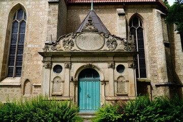 Historic side portal entrance of the Church of the Cross (Kreuzkirche), the oldest church in Hanover, Germany