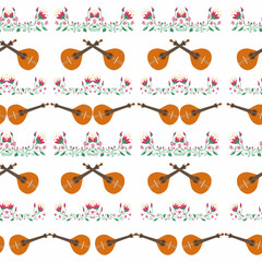 Portuguese guitar seamless pattern with flowers, typical azulejo tiles. Music and musical traditions