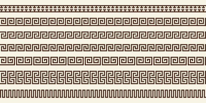 Greek key pattern, border collection. Decorative ancient meander, greece ornamental set with repeated geometric motif. Vector EPS10.