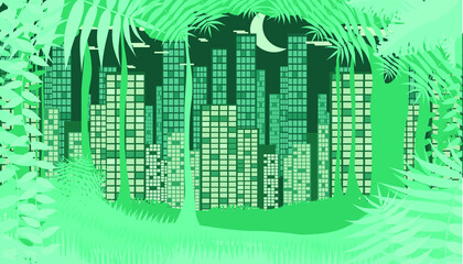 City in the jungle. Cityscape illustration. High-rise buildings in the evening.